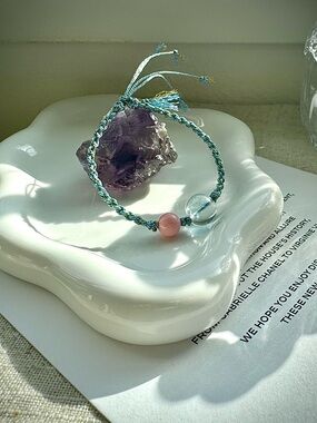 Handmade Braided Bracelet with Natural Aquamarine and Pink Coral Shell beads